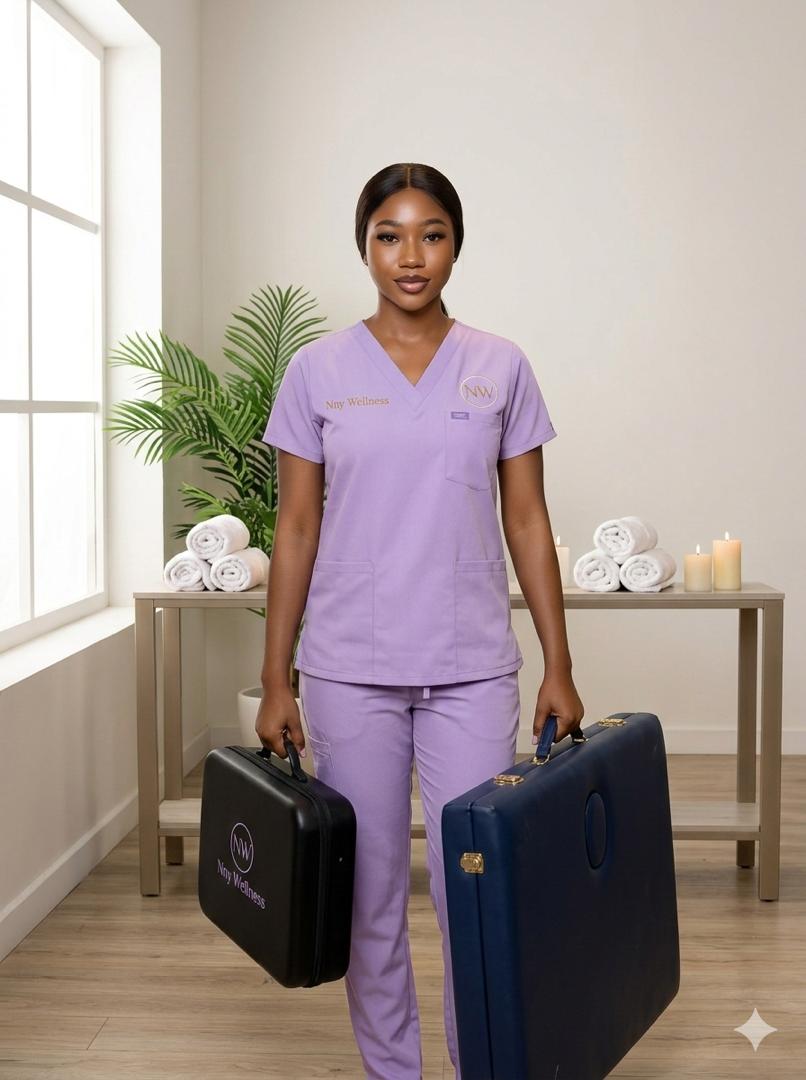 Nny Wellness Touch therapist in lavender uniform with massage equipment